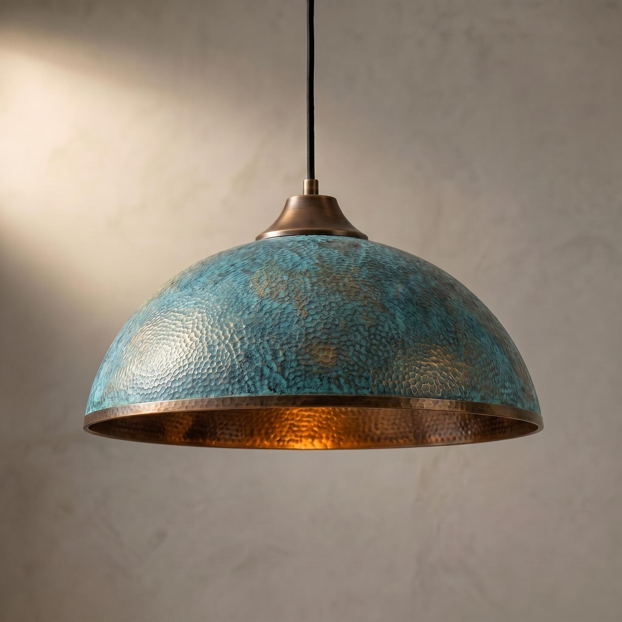 Hammered Brass Dome Pendant Light - green patina Industrial Ceiling Lamp - Mettlemix