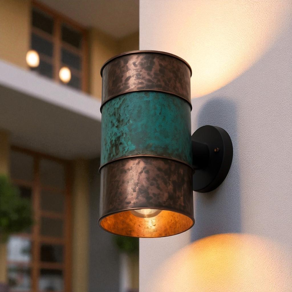 Hammered Copper Cylinder Wall Sconce - Green Patina Band - Mettlemix