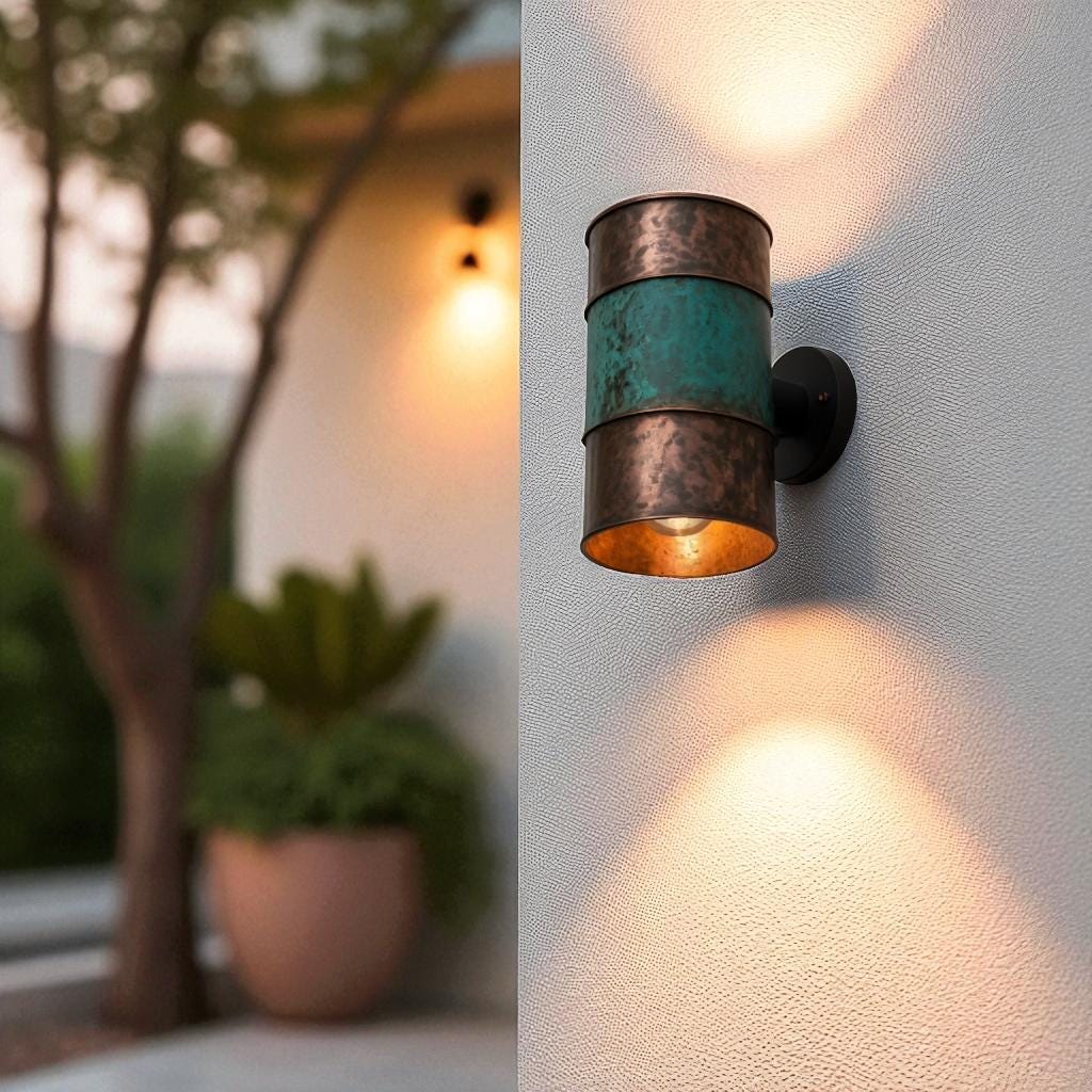 Hammered Copper Cylinder Wall Sconce - Green Patina Band - Mettlemix