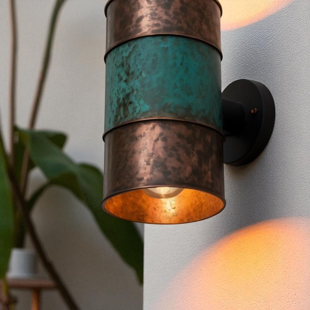 Hammered Copper Cylinder Wall Sconce - Green Patina Band - Mettlemix