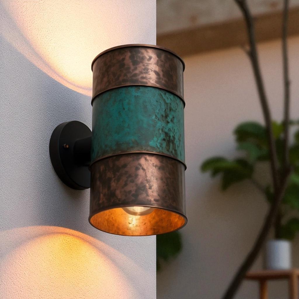 Hammered Copper Cylinder Wall Sconce - Green Patina Band - Mettlemix
