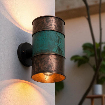 Hammered Copper Cylinder Wall Sconce - Green Patina Band - Mettlemix