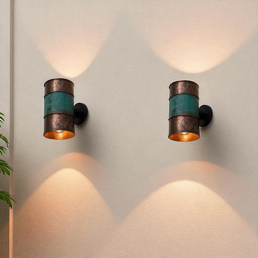 Hammered Copper Cylinder Wall Sconce - Green Patina Band - Mettlemix