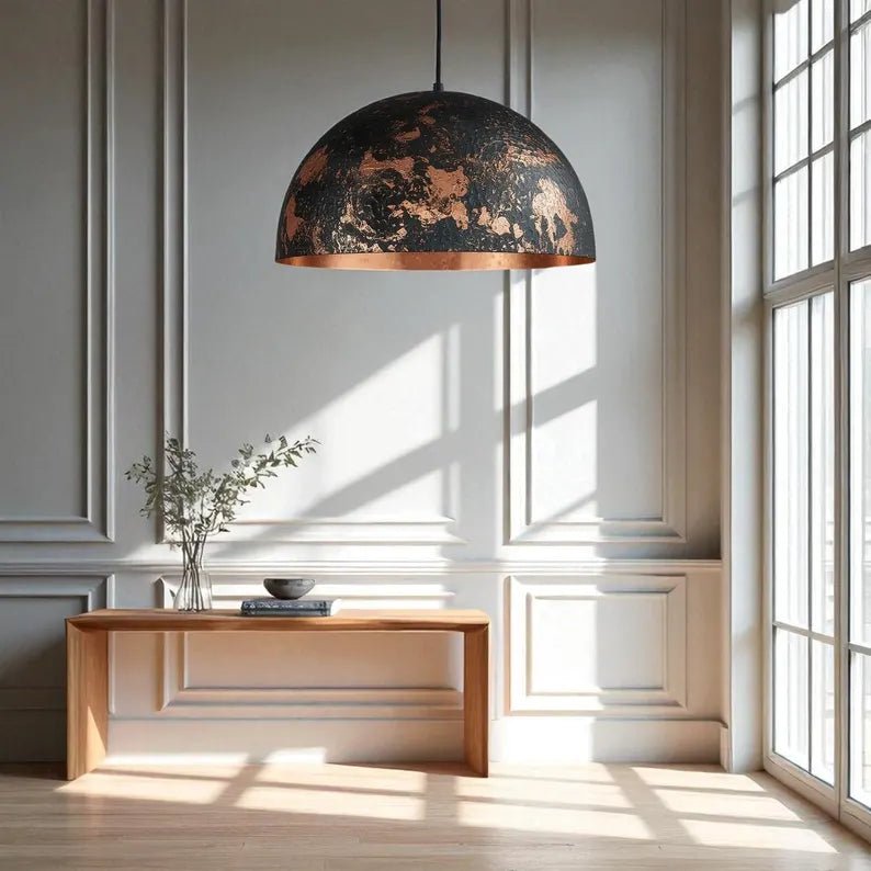 Hammered Copper Dome Pendant Light - Black Industrial Ceiling Lamp - Mettlemix