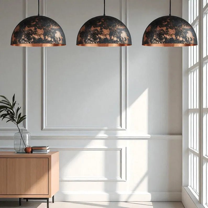 Hammered Copper Dome Pendant Light - Black Industrial Ceiling Lamp - Mettlemix