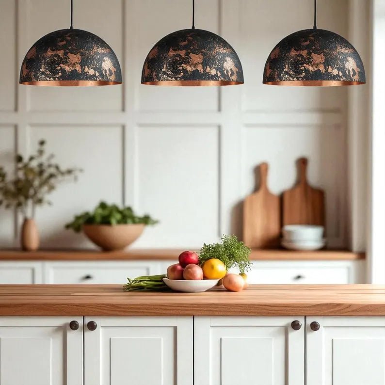Hammered Copper Dome Pendant Light - Black Industrial Ceiling Lamp - Mettlemix