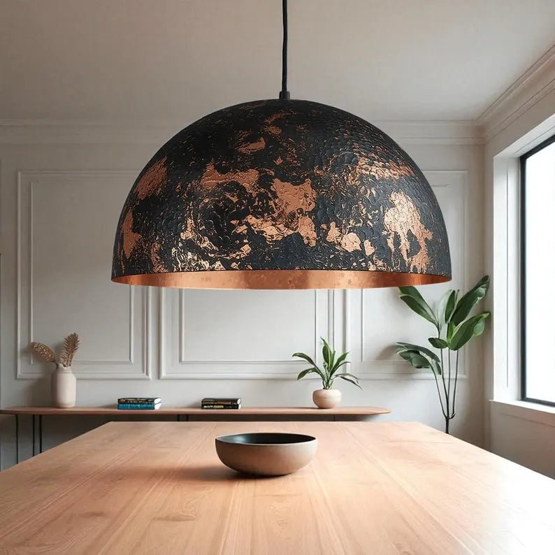 Hammered Copper Dome Pendant Light - Black Industrial Ceiling Lamp - Mettlemix