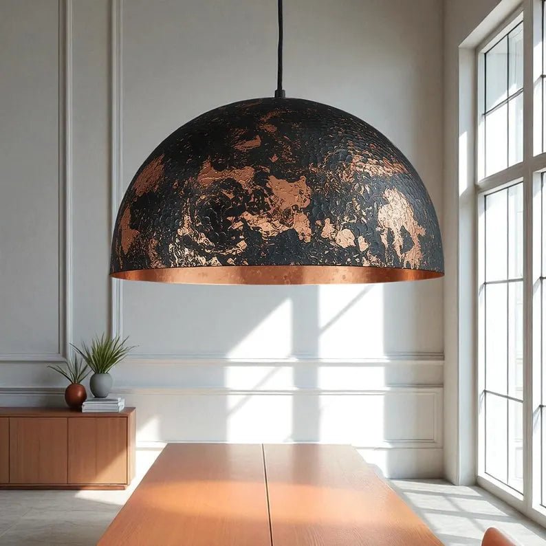Hammered Copper Dome Pendant Light - Black Industrial Ceiling Lamp - Mettlemix