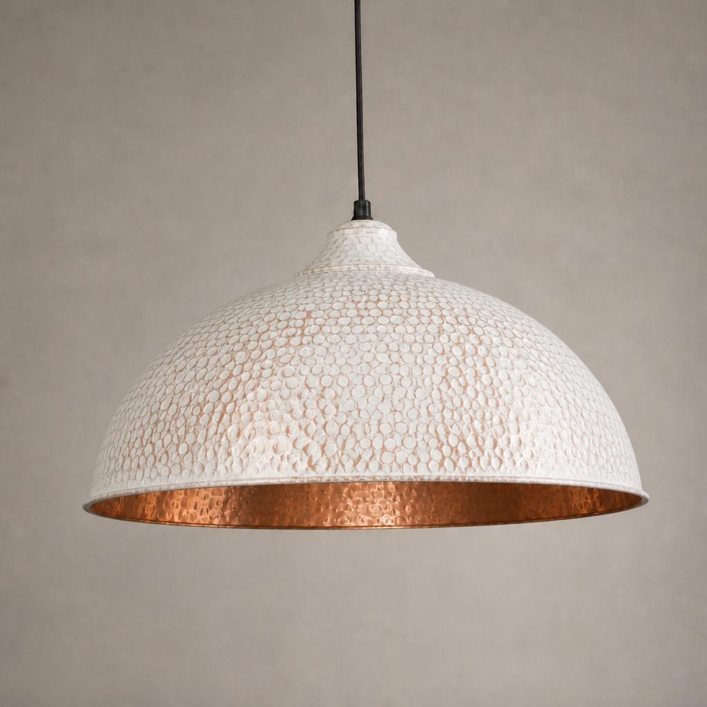 Hammered Copper Dome Pendant Light - white Industrial Ceiling Lamp - Mettlemix