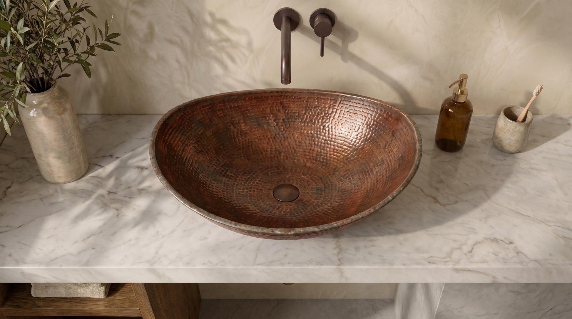 Hammered Copper Vessel Sink – Oval Bathroom Sink, Rustic Copper Vanity Basin, Handmade Luxury Countertop Sink, Farmhouse Wash Basin - Mettlemix