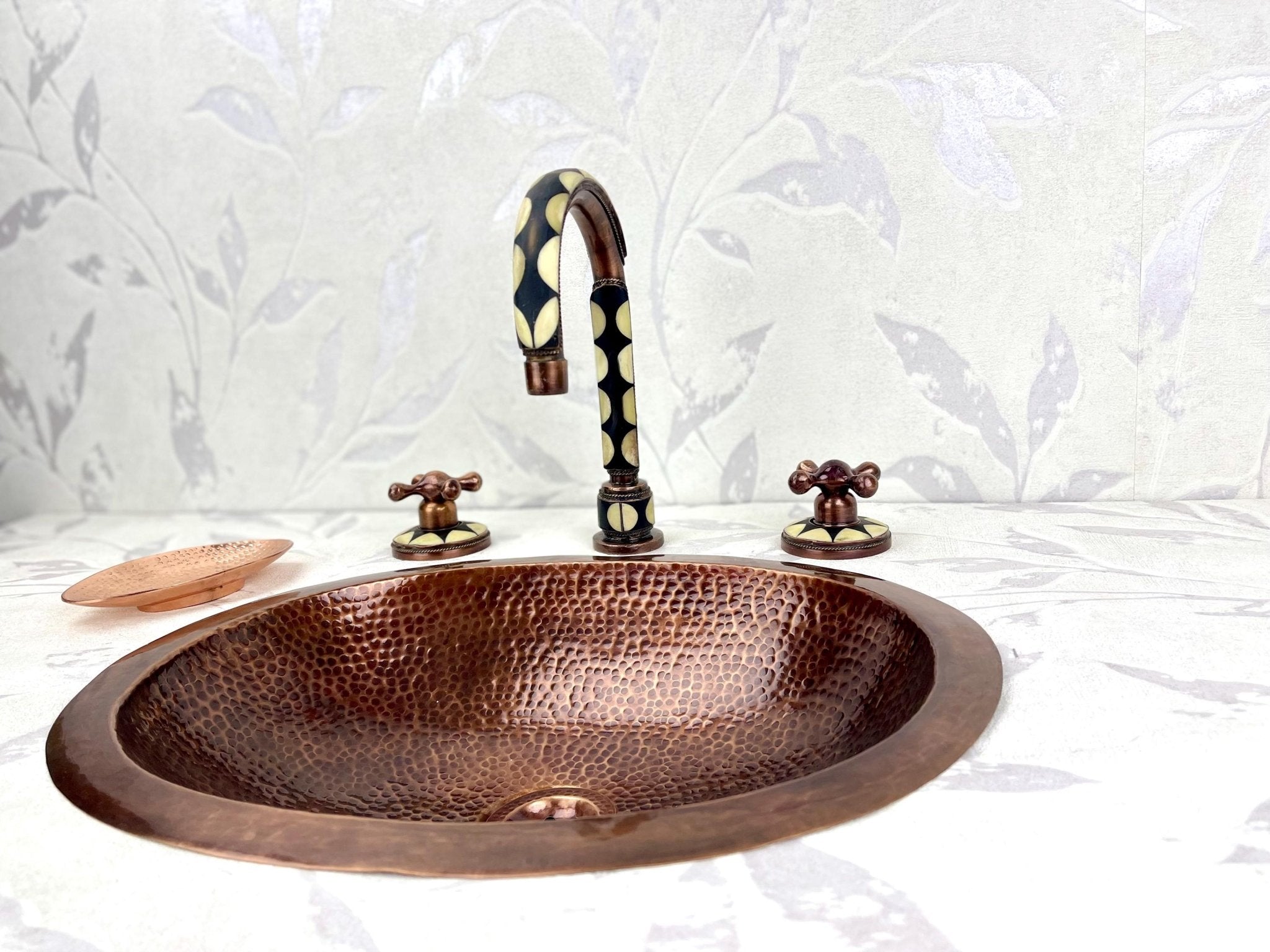 Hammered Copper Vessel Sink Set - Widespread Faucet with Black Resin Inlay & Antique Finish - Mettlemix
