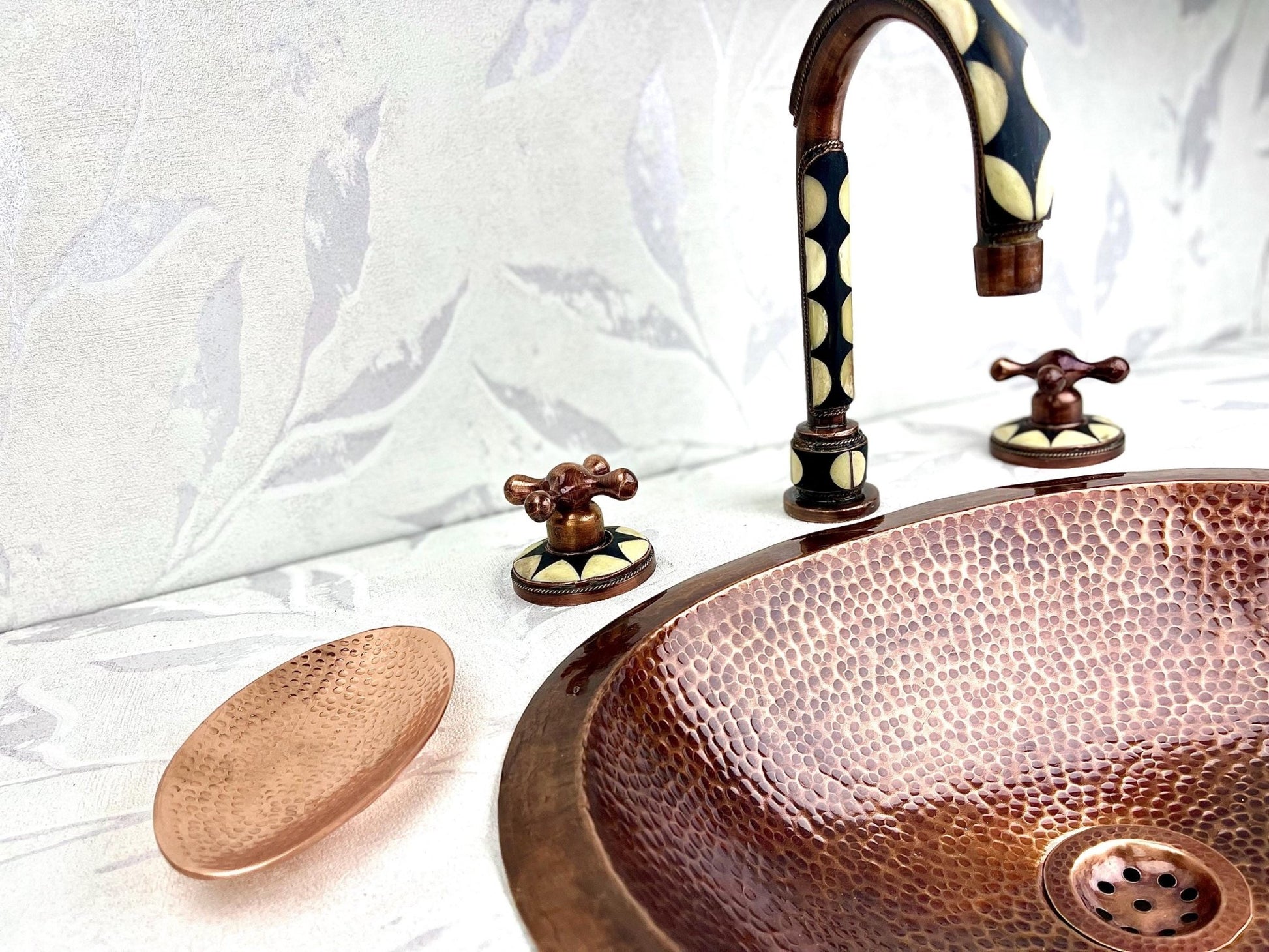 Hammered Copper Vessel Sink Set - Widespread Faucet with Black Resin Inlay & Antique Finish - Mettlemix
