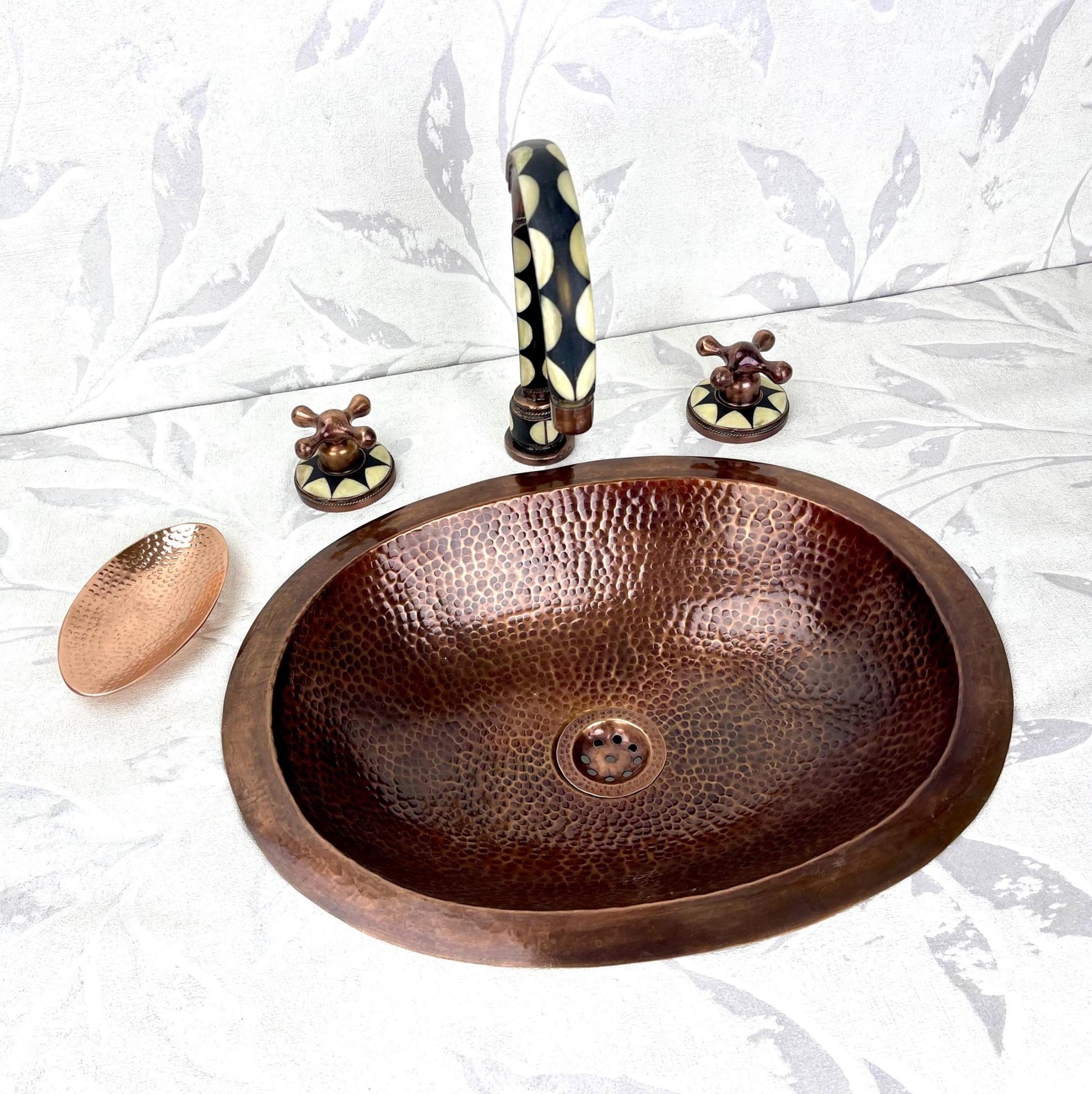 Hammered Copper Vessel Sink Set - Widespread Faucet with Black Resin Inlay & Antique Finish - Mettlemix