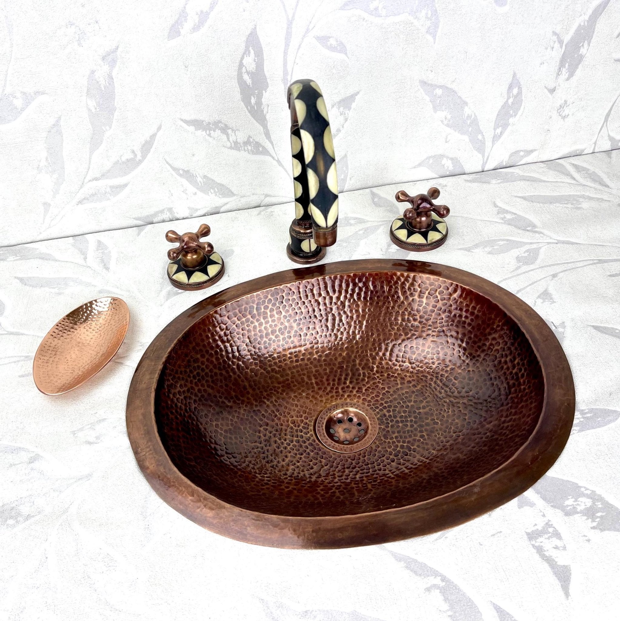 Hammered Copper Vessel Sink Set - Widespread Faucet with Black Resin Inlay & Antique Finish - Mettlemix