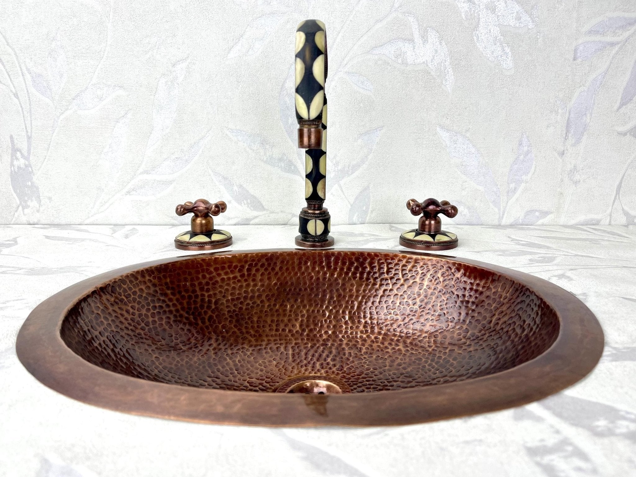 Hammered Copper Vessel Sink Set - Widespread Faucet with Black Resin Inlay & Antique Finish - Mettlemix