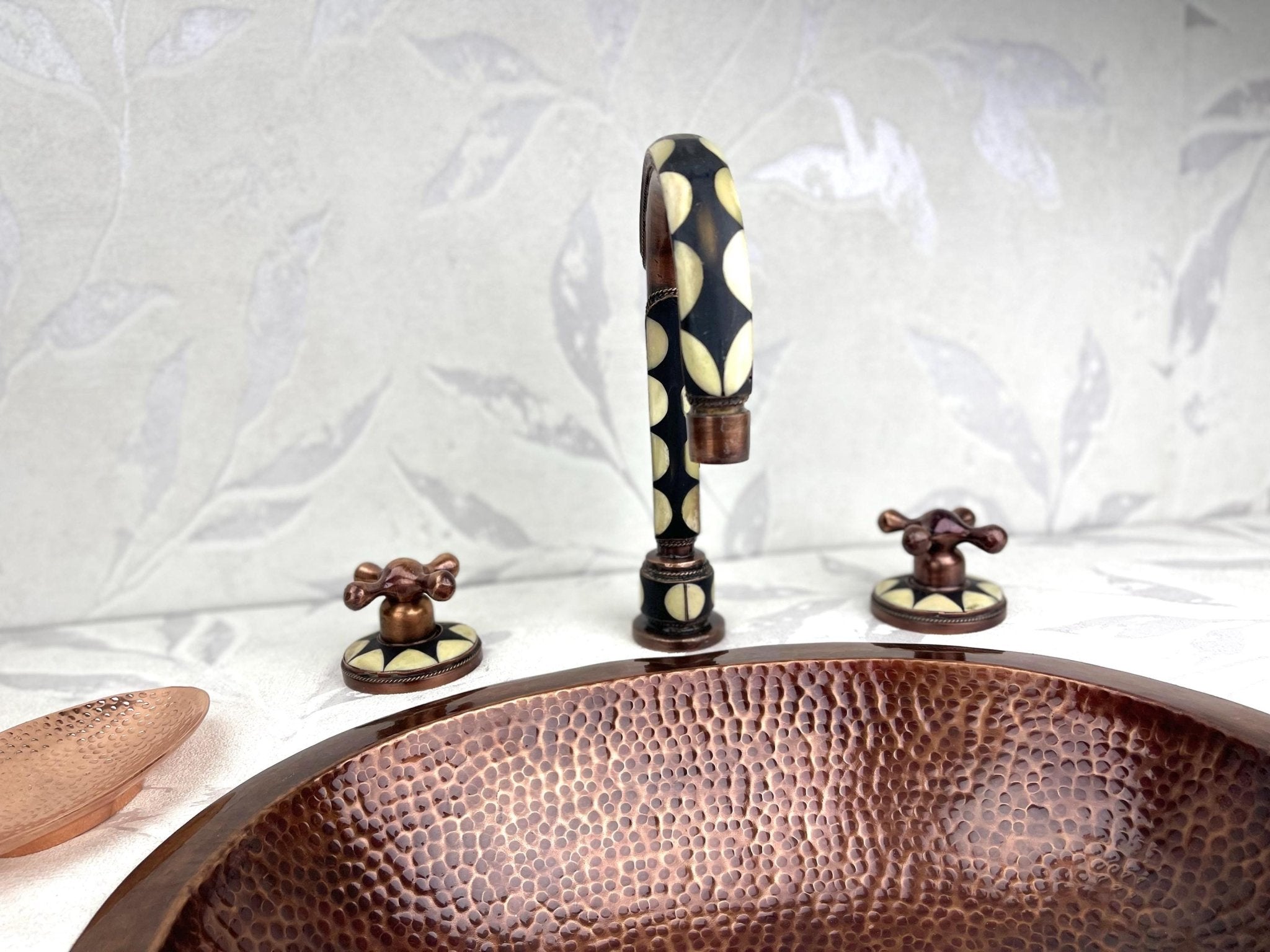 Hammered Copper Vessel Sink Set - Widespread Faucet with Black Resin Inlay & Antique Finish - Mettlemix