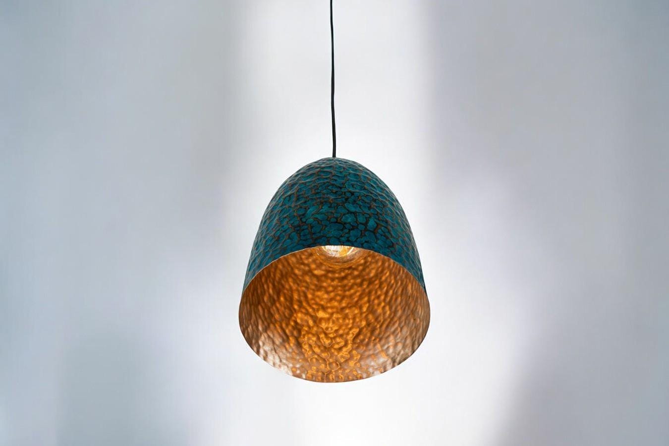 Hammered Oxidized Copper Pendant - Verdigris Bell Hanging Lamp - Mettlemix