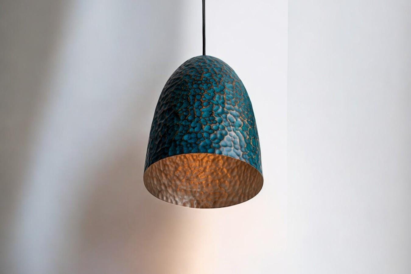 Hammered Oxidized Copper Pendant - Verdigris Bell Hanging Lamp - Mettlemix
