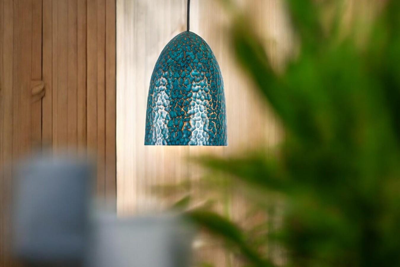 Hammered Oxidized Copper Pendant - Verdigris Bell Hanging Lamp - Mettlemix