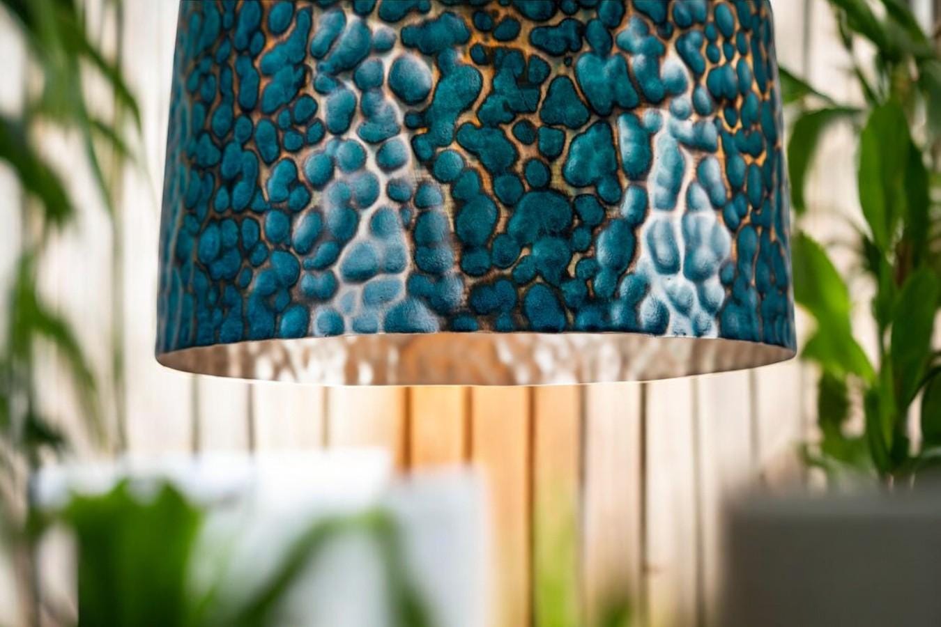 Hammered Oxidized Copper Pendant - Verdigris Bell Hanging Lamp - Mettlemix