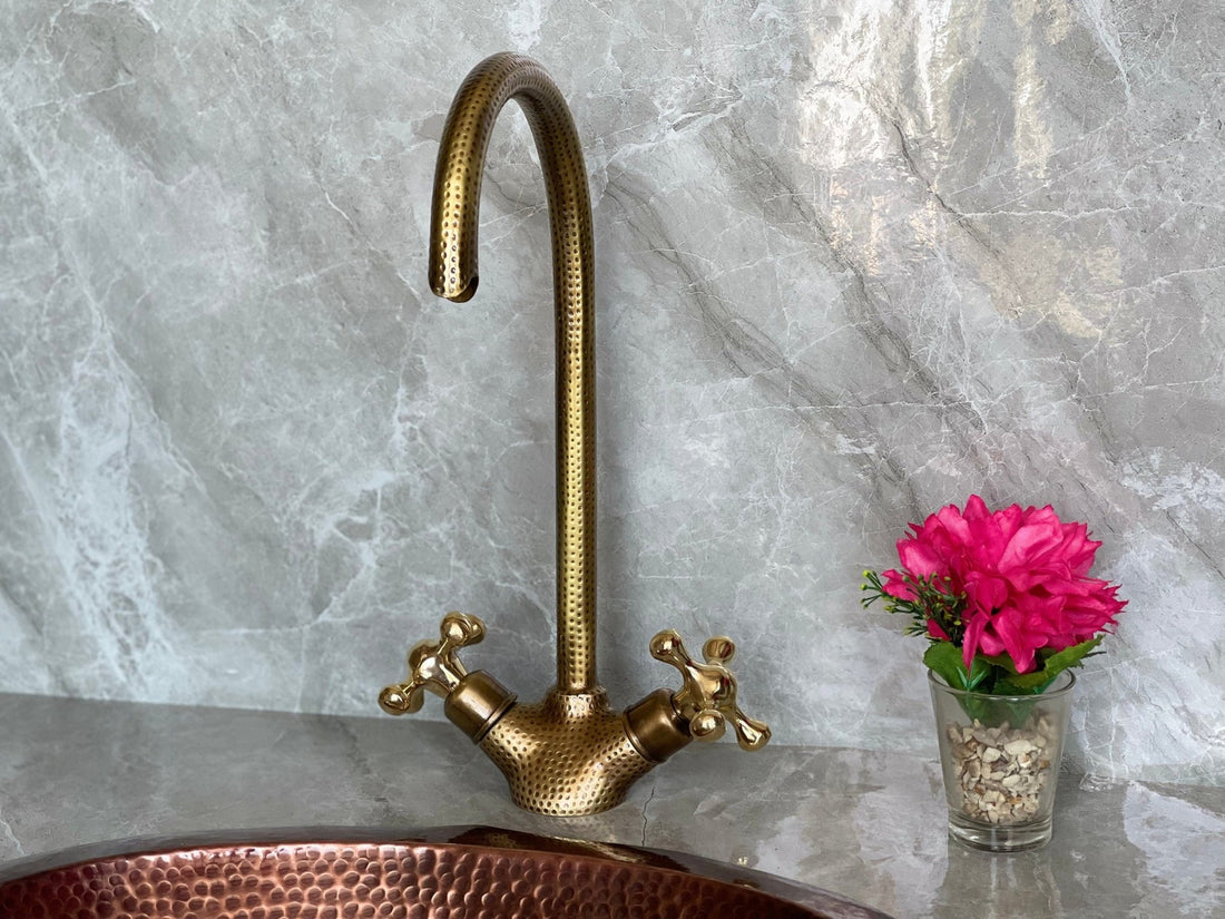 Hammered Unlacquered Brass Bathroom Faucet - Single Hole Gooseneck - Mettlemix