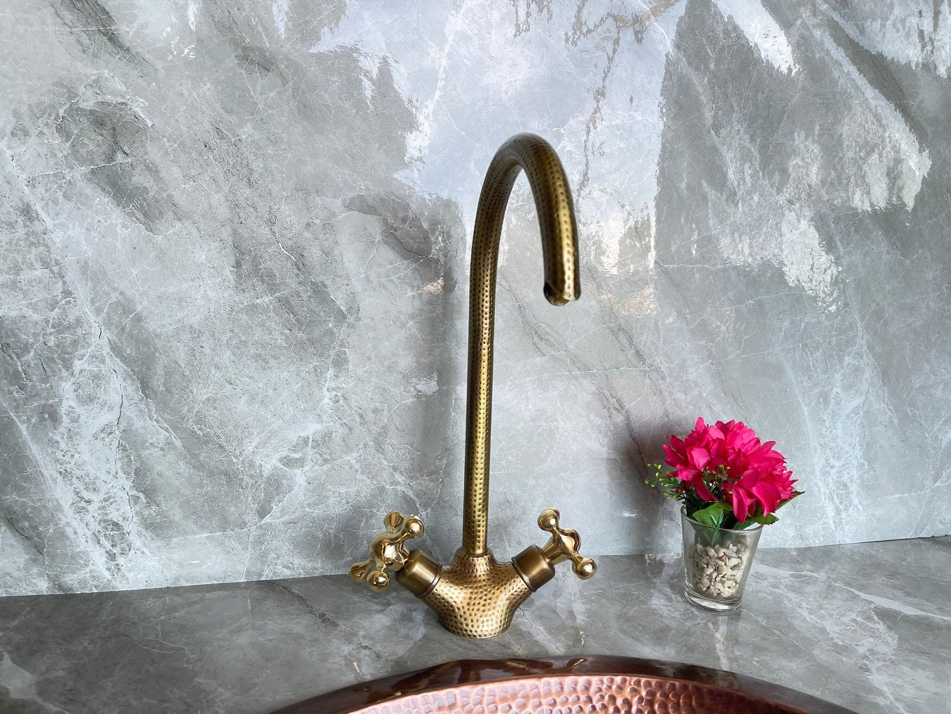 Hammered Unlacquered Brass Bathroom Faucet - Single Hole Gooseneck - Mettlemix