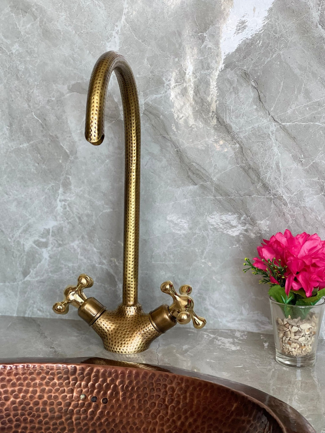 Hammered Unlacquered Brass Bathroom Faucet - Single Hole Gooseneck - Mettlemix