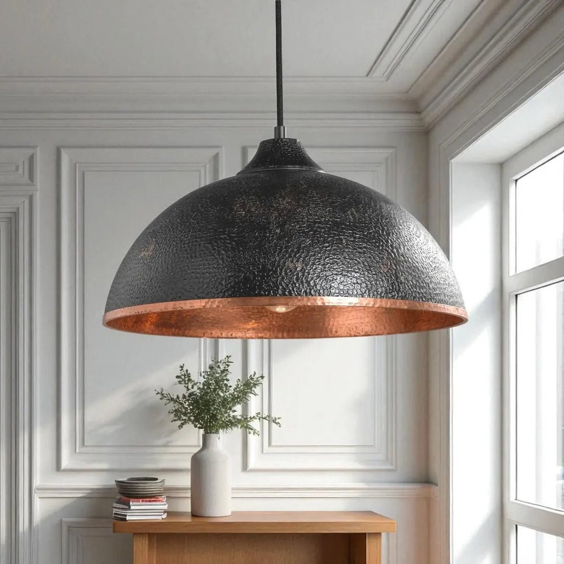 Hand-Hammered Black & Copper Dome Pendant Light - Industrial Ceiling Lamp - Mettlemix