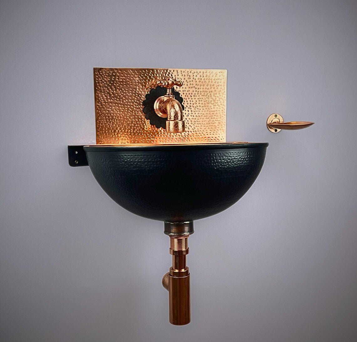 Hand-Hammered Black Copper Wall Mount Sink - Moroccan Basin - Mettlemix