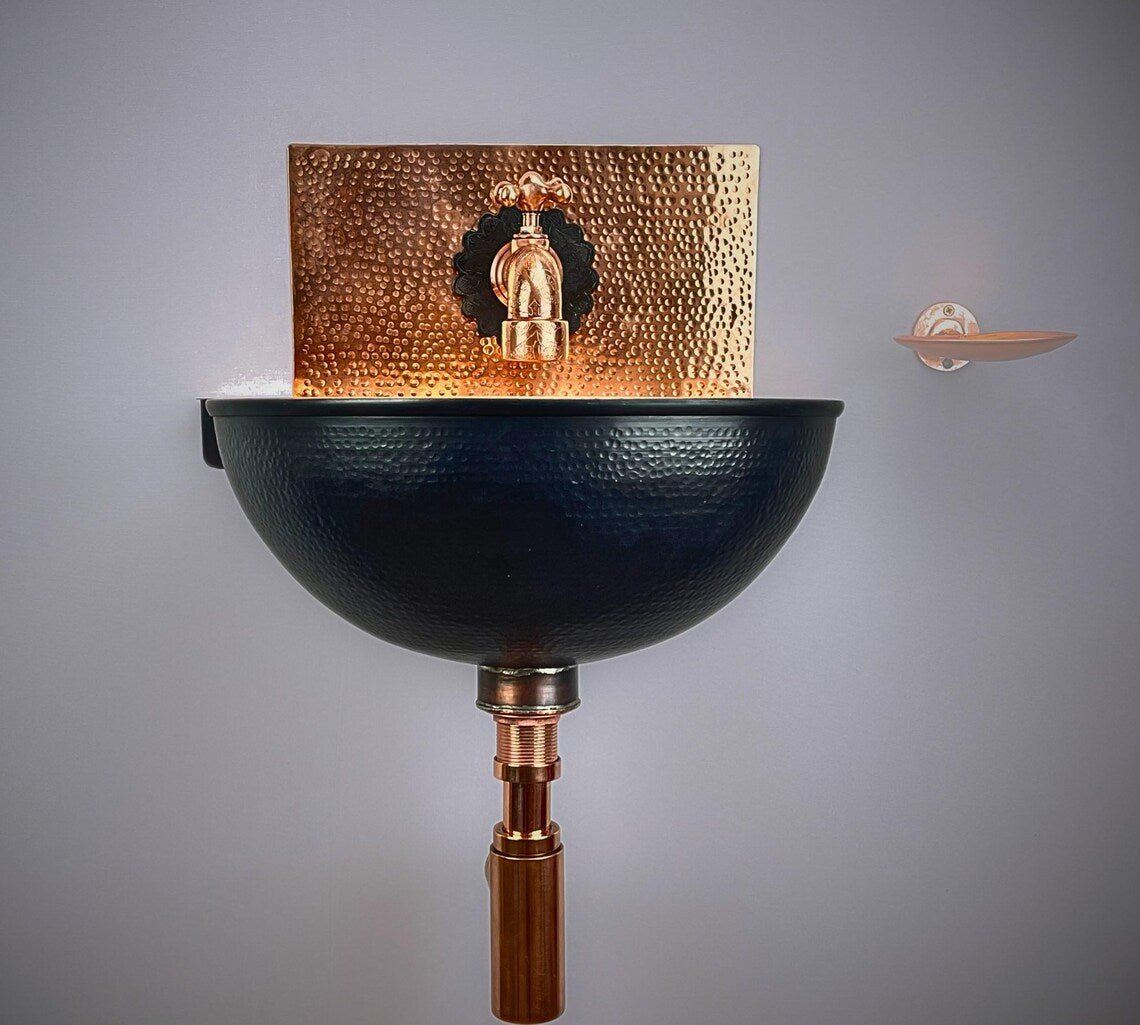Hand-Hammered Black Copper Wall Mount Sink - Moroccan Basin - Mettlemix