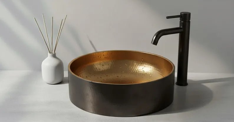 Hand-Hammered Black Patina Copper Vessel Sink - Golden Interior Contrast - Mettlemix