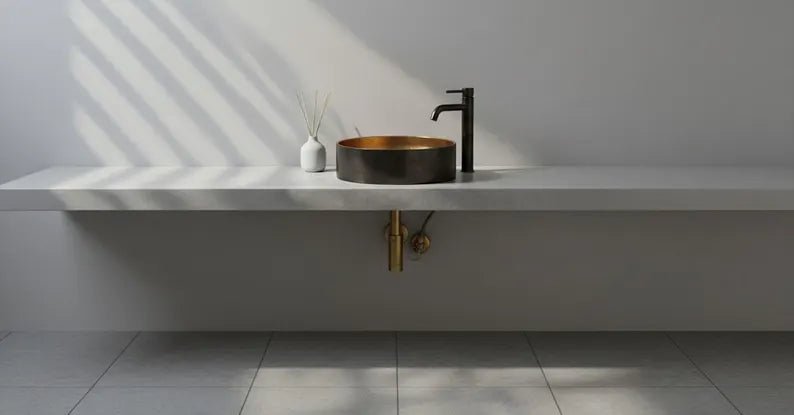 Hand-Hammered Black Patina Copper Vessel Sink - Golden Interior Contrast - Mettlemix
