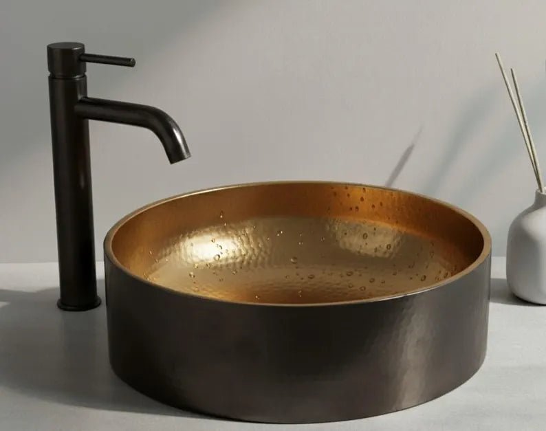 Hand-Hammered Black Patina Copper Vessel Sink - Golden Interior Contrast - Mettlemix