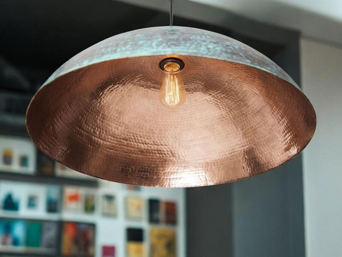 Hand-Hammered Blue Patina Copper Dome Pendant Light - Mettlemix