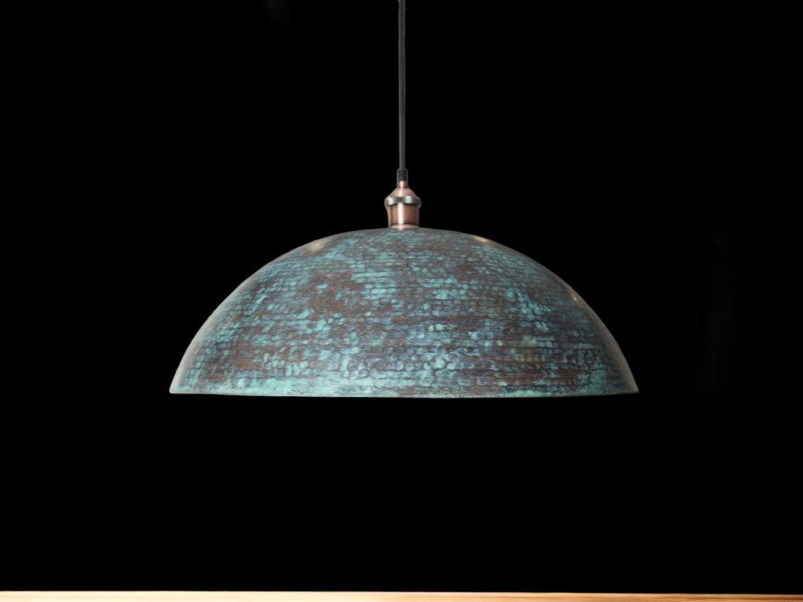 Hand-Hammered Blue Patina Copper Dome Pendant Light - Mettlemix