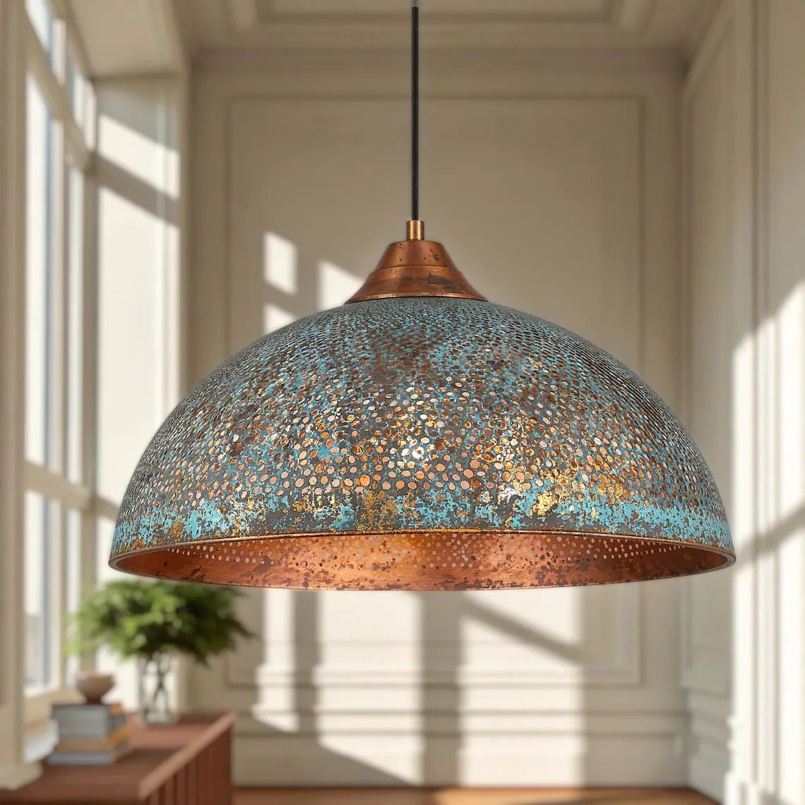 Hand-Hammered Blue Patina Copper Pendant Light - Mettlemix