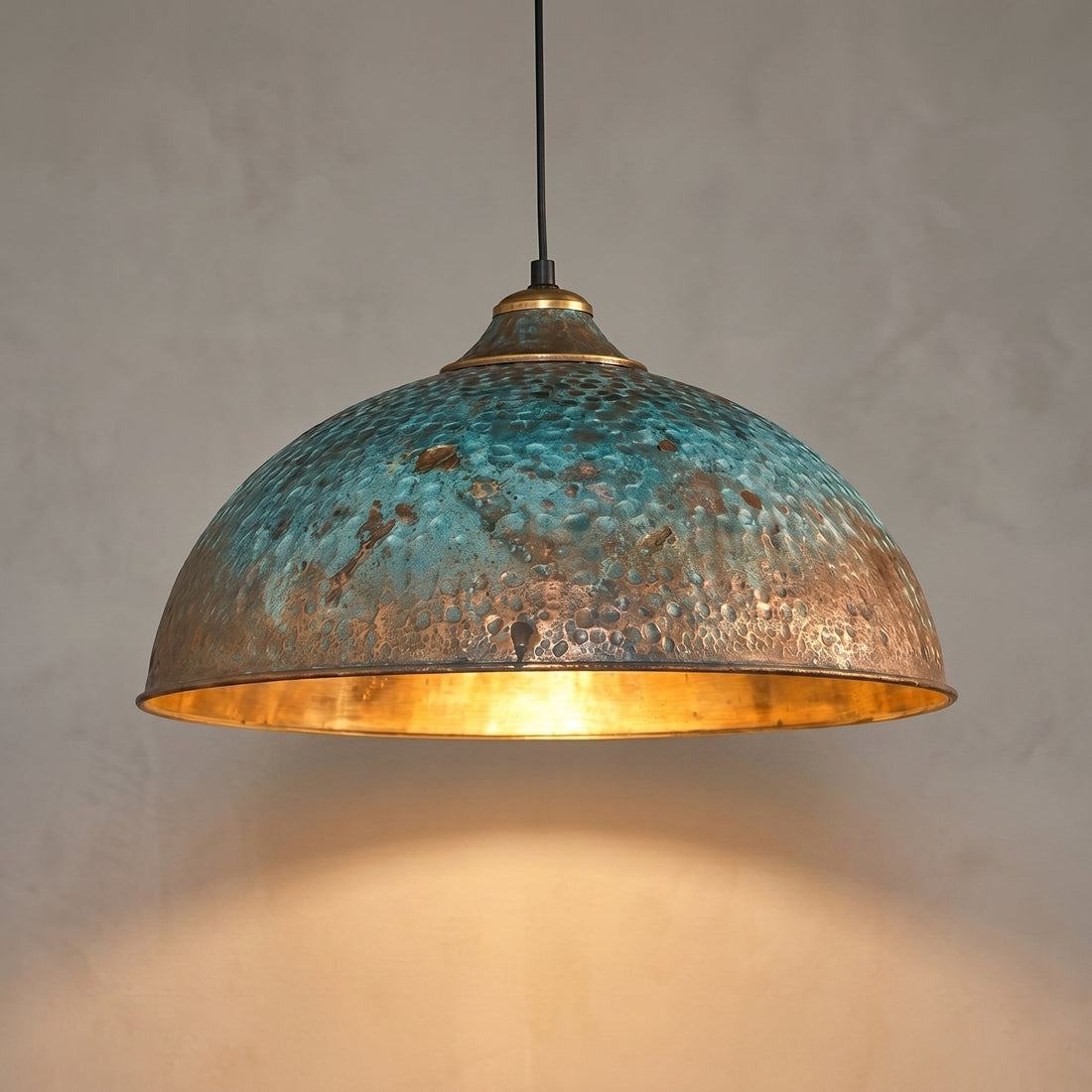 Hand-Hammered Brass Dome Pendant Light - Turquoise Patina Finish - Mettlemix