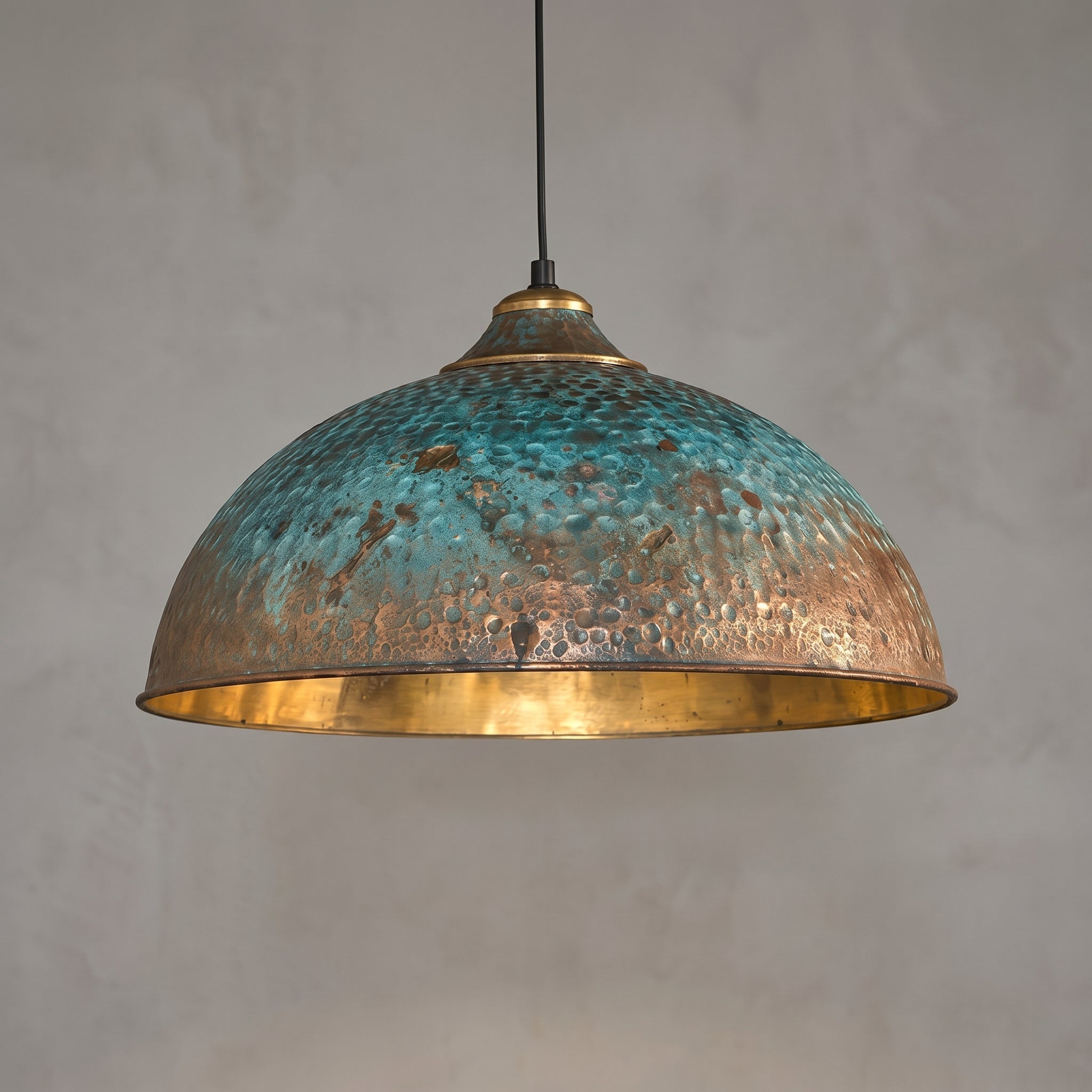 Hand-Hammered Brass Dome Pendant Light - Turquoise Patina Finish - Mettlemix
