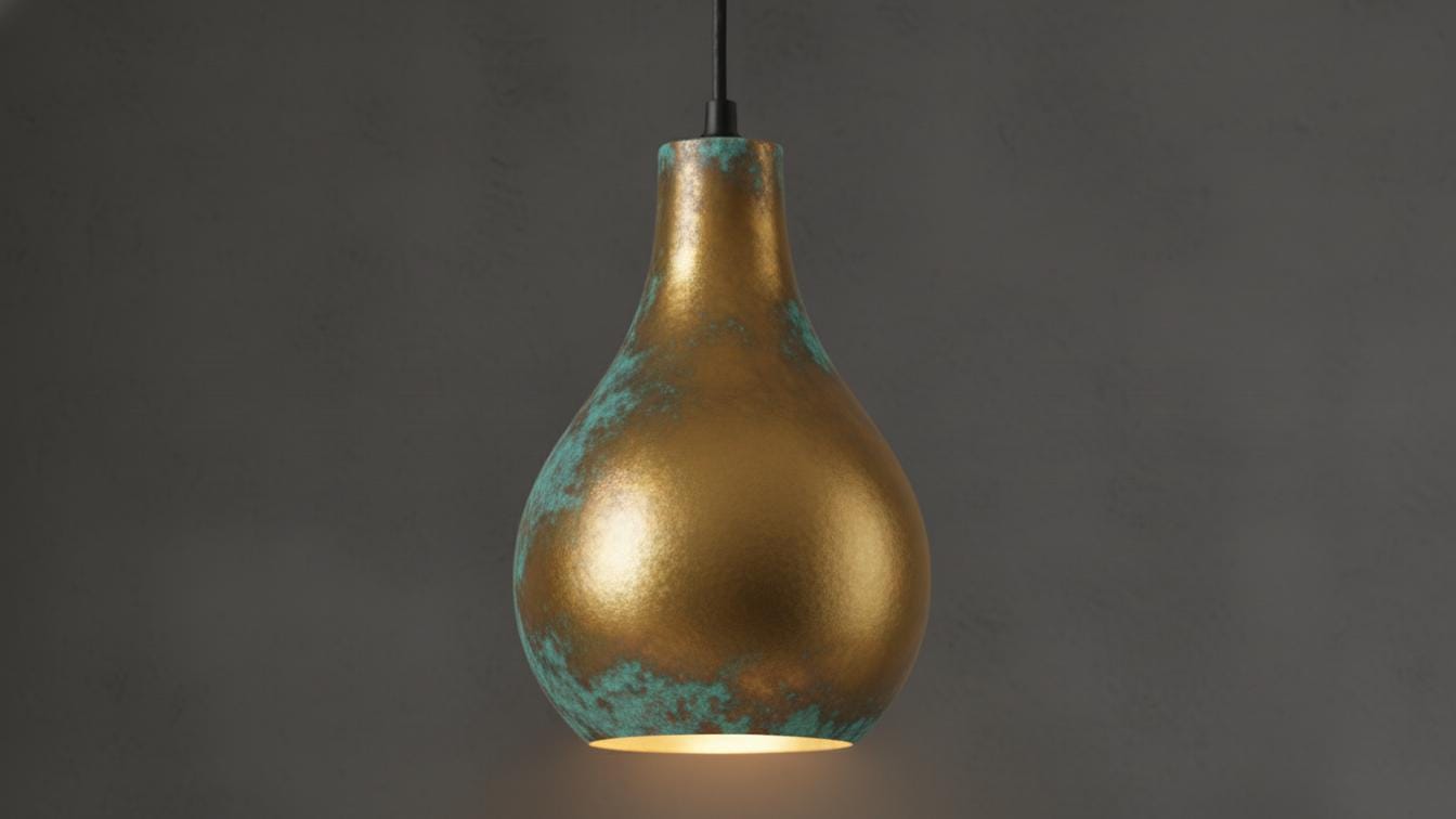 Hand - Hammered Brass Teardrop Pendant - Verdigris Patina Ceiling Lamp - Mettlemix