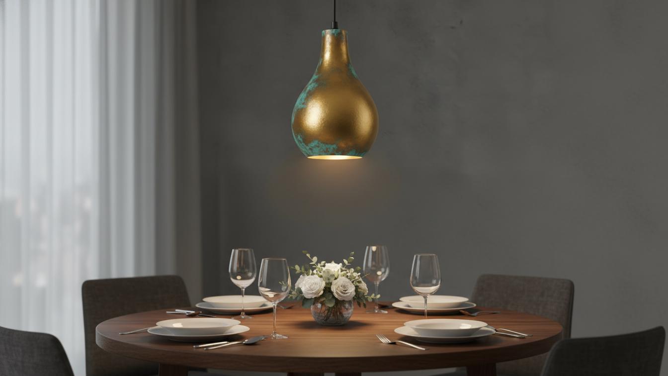 Hand - Hammered Brass Teardrop Pendant - Verdigris Patina Ceiling Lamp - Mettlemix
