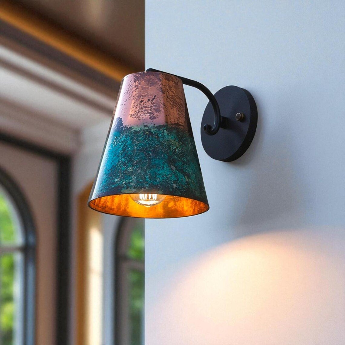 Hand-Hammered Conical Copper Wall Sconce - Blue-Green Patina Finish - Mettlemix