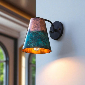 Hand-Hammered Conical Copper Wall Sconce - Blue-Green Patina Finish - Mettlemix