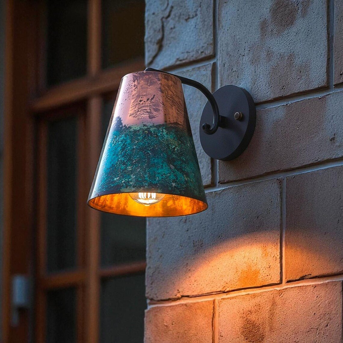 Hand-Hammered Conical Copper Wall Sconce - Blue-Green Patina Finish - Mettlemix