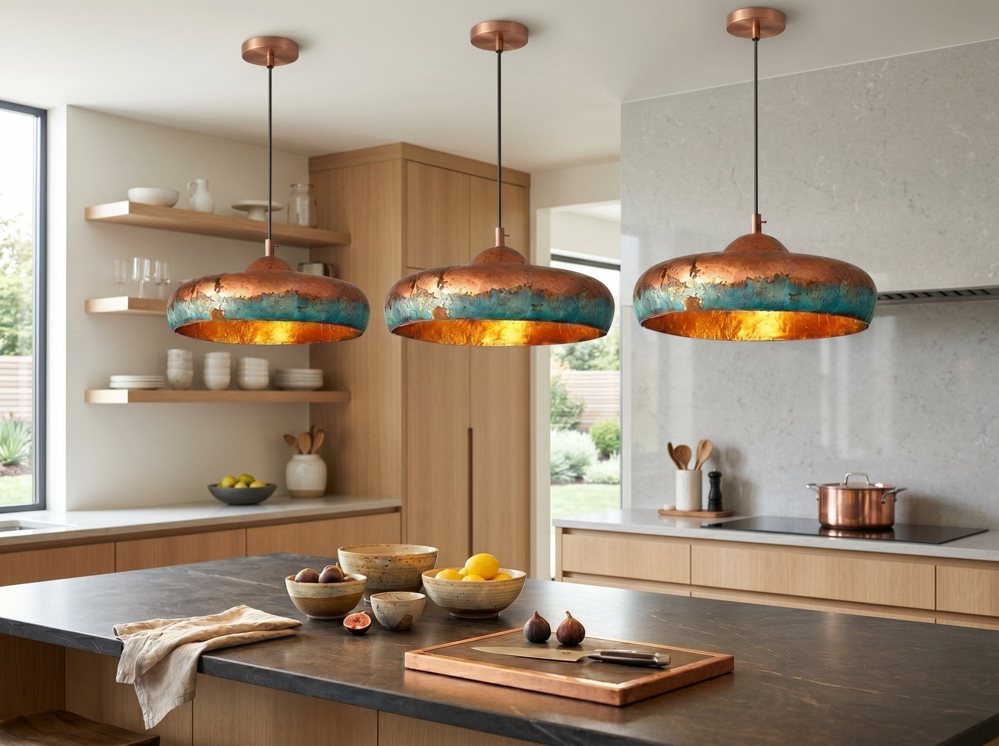Hand-Hammered Copper Dome Pendant Light - Blue Patina Finish - Mettlemix