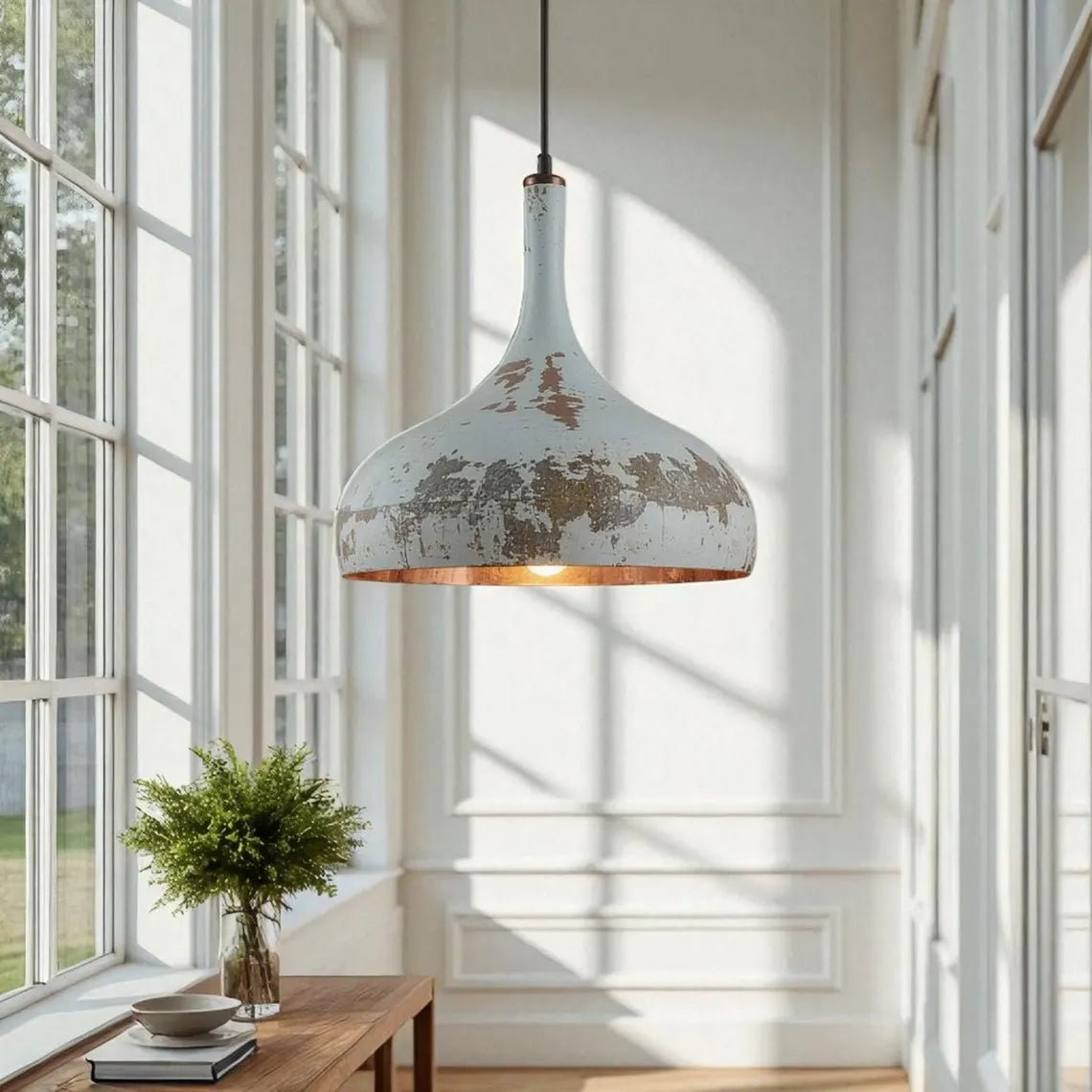 Hand-Hammered Copper Tear Pendant Light - Rustic White Patina - Mettlemix