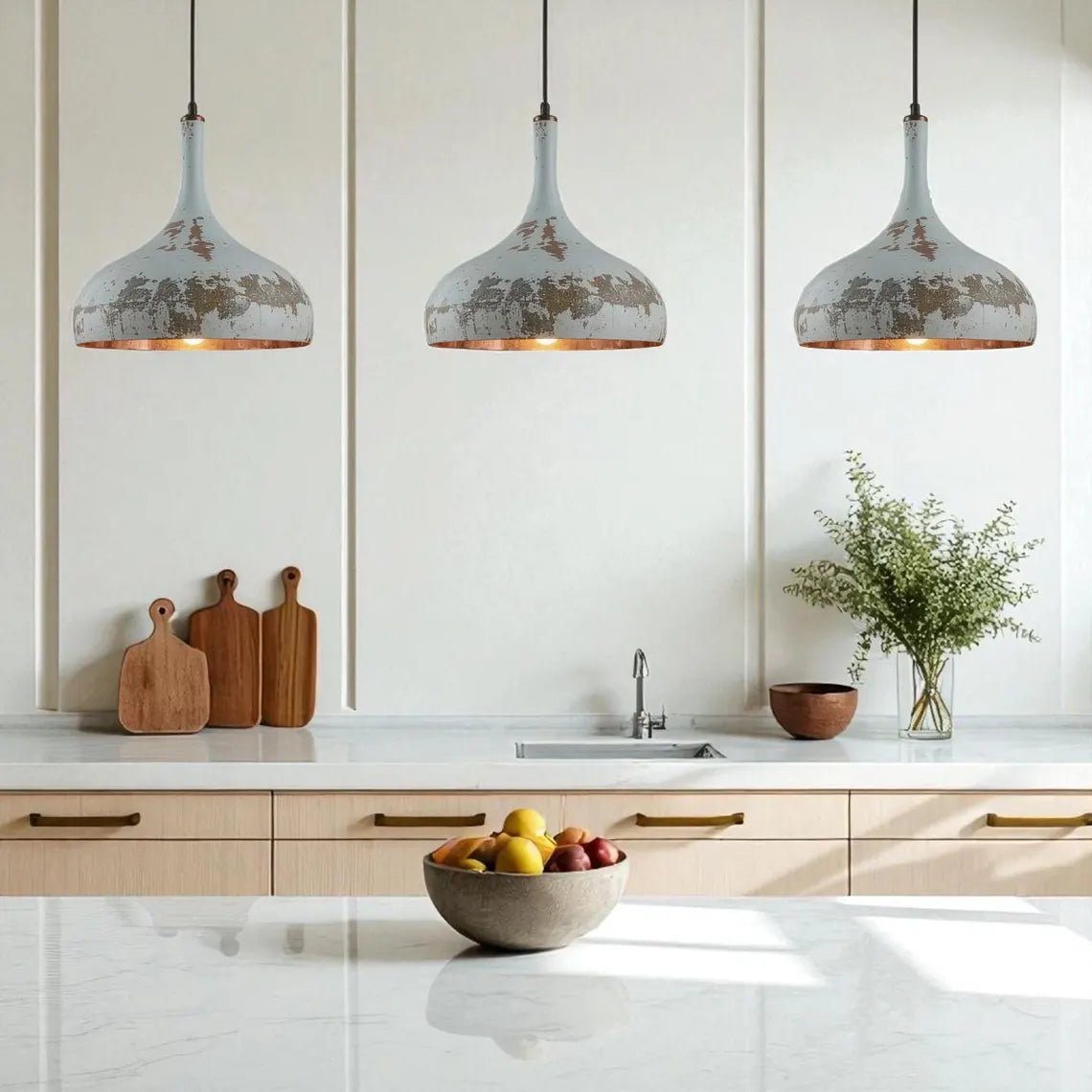 Hand-Hammered Copper Tear Pendant Light - Rustic White Patina - Mettlemix