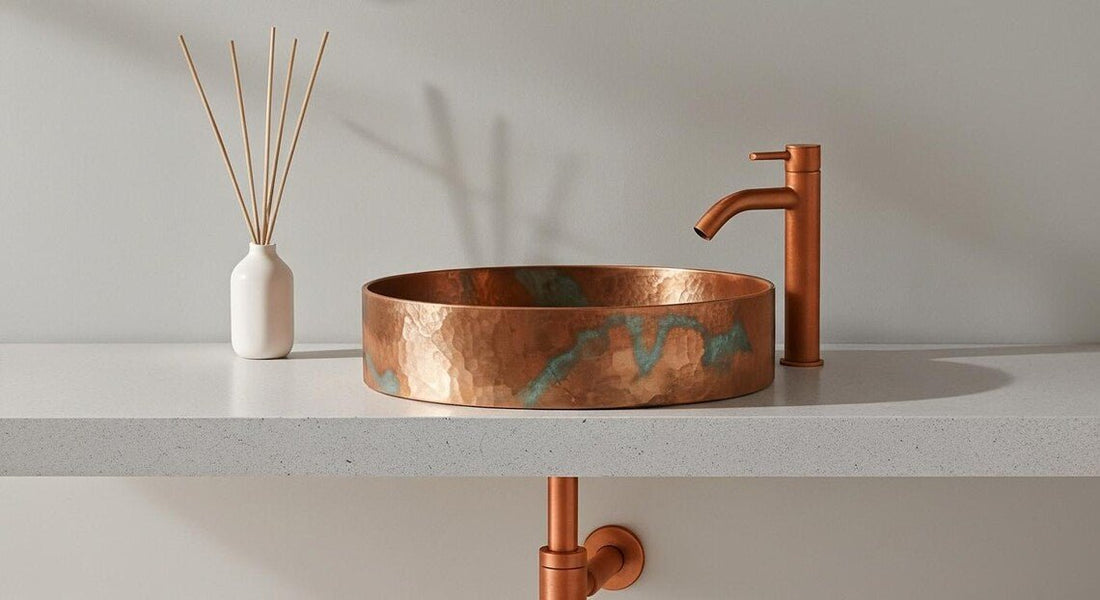 Hand-Hammered Copper Vessel Sink - Marbled Green Patina Accents - Mettlemix