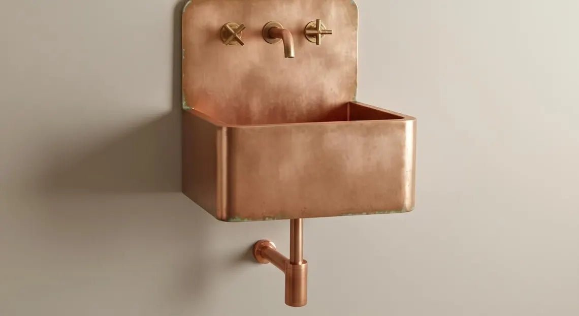 Hand-Hammered Copper Wall Mount Sink - Verdigris Edge Patina & Industrial Backplate - Mettlemix