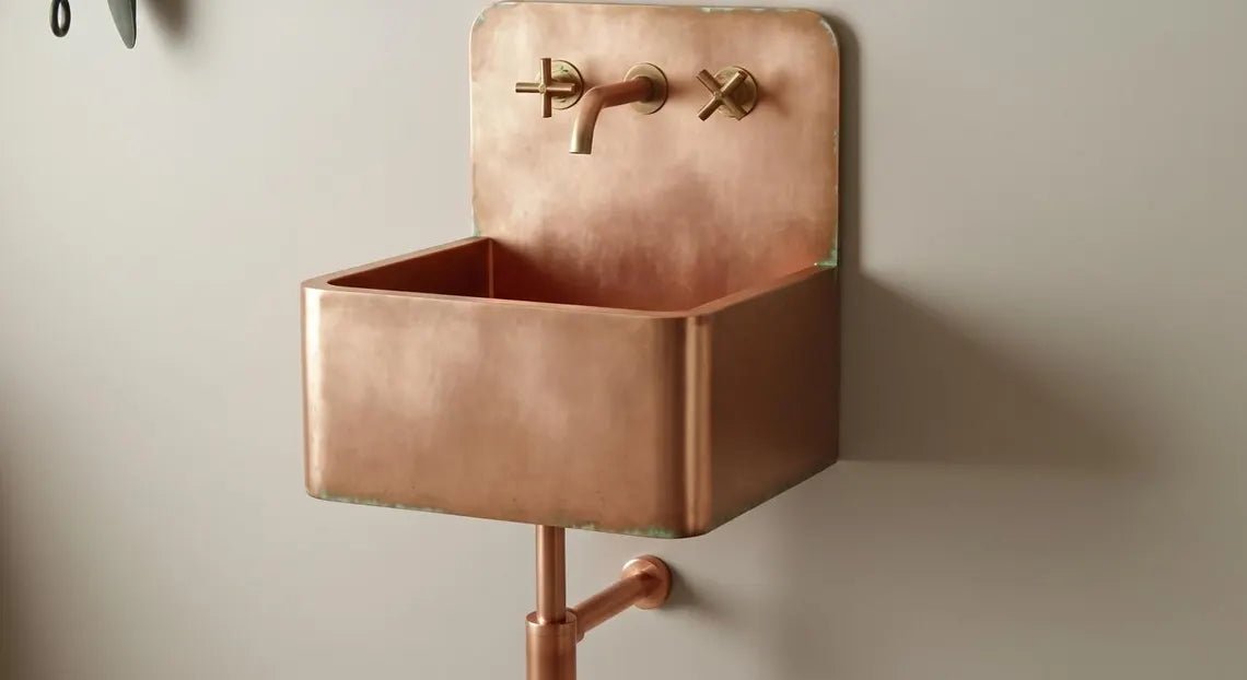 Hand-Hammered Copper Wall Mount Sink - Verdigris Edge Patina & Industrial Backplate - Mettlemix