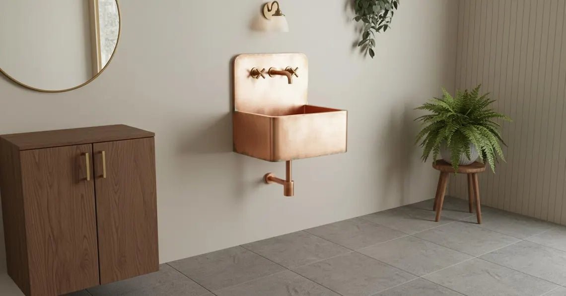 Hand-Hammered Copper Wall Mount Sink - Verdigris Edge Patina & Industrial Backplate - Mettlemix